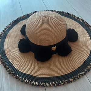 Betsey Johnson tan and black Pom Pom straw hat